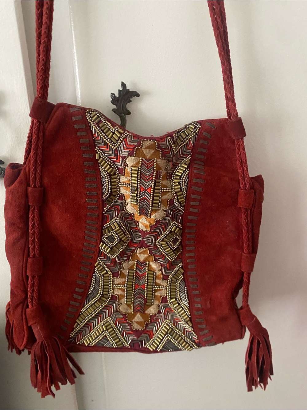 Anthropologie Red Suede Embroidered Fringe Shoulder Bag - Picture 2 of 10